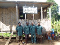 Wanang team of expert biologists in front of Haus Saiens (L to R): Dominic Rinan (plants), Jonah Filip (insects), Byron Siki (plants), Mark Mulau (birds).