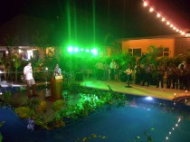 Celebrating opening of the station with its sponsor, Swire, at the Gateway Hotel in Port Moresby (Wanang village leader Filip Damen speaking, other Wanang landowners in the back).